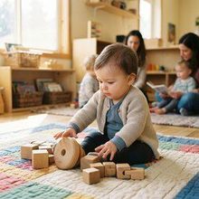 An infant on a rug stacking wooden blocks