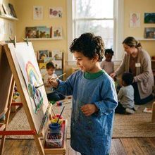 A preschooler painting a rainbow at an easel