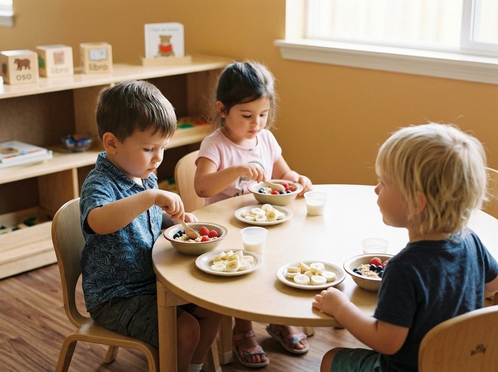 Toddlers eating breakfast together at a low classroom table