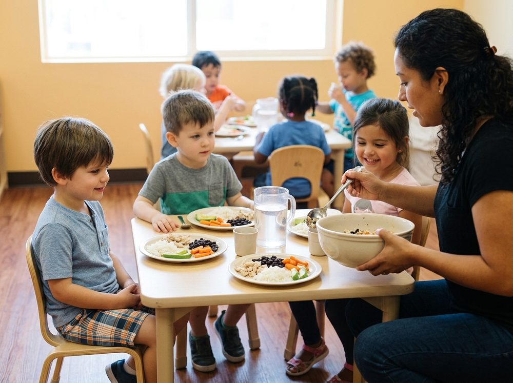 A teacher serving a family-style lunch to preschoolers seated around a low table