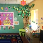A room with a tree and some toys on the wall