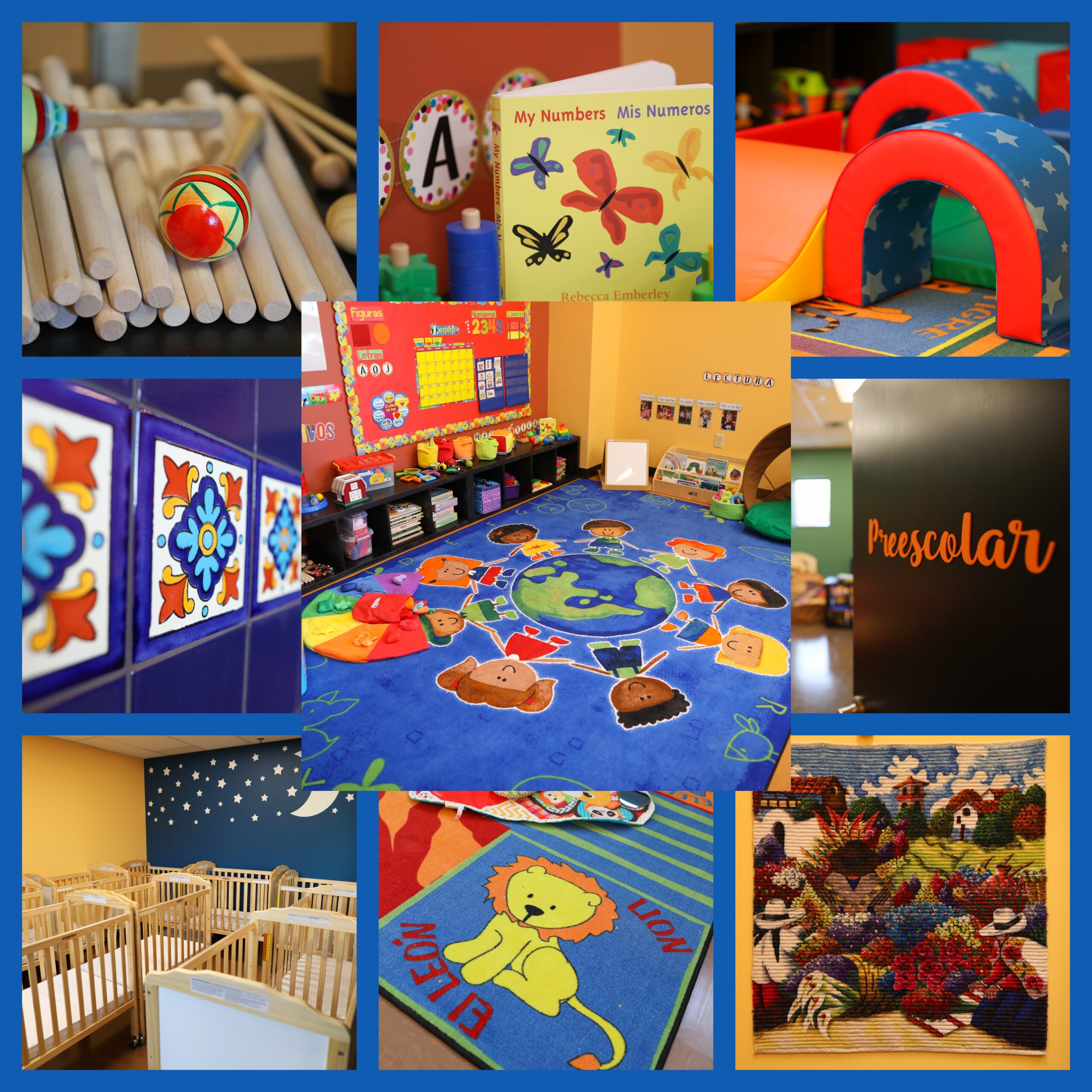 A collage of different pictures with toys and children 's activities.