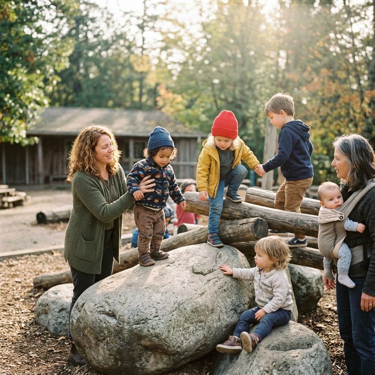 Children climbing on large smooth boulders and a wooden log structure