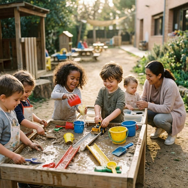 Children playing at an outdoor sand-and-water table with cups and little channels