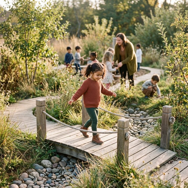 A winding play path through native grasses with a little wooden bridge