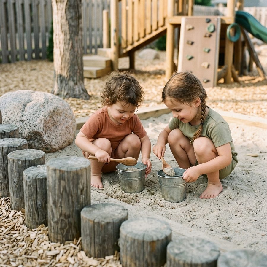 Two children digging with spoons and pails in the log-edged sand area