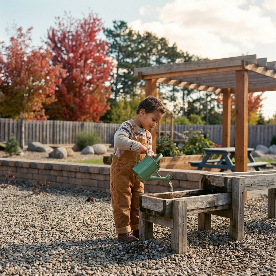 A child pouring a watering can into a low wooden water trough