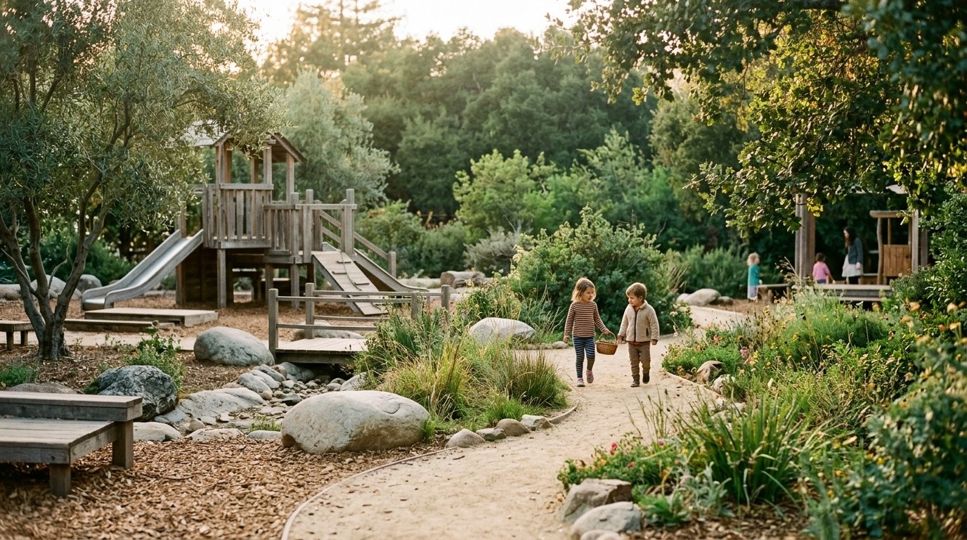 Wide view of a natural play space with wooden structures, a winding sand path and native grasses